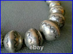 Old Native American Sterling Silver Graduated Navajo Pearl Stamped Bead Necklace
