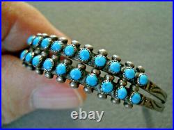 Old Native American Turquoise Snake-Eye Rows Sterling Silver Stamped Bracelet