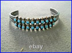 Old Native American Turquoise Snake-Eye Rows Sterling Silver Stamped Bracelet