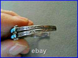 Old Native American Turquoise Snake-Eye Rows Sterling Silver Stamped Bracelet