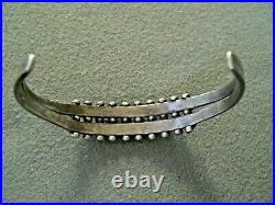 Old Native American Turquoise Snake-Eye Rows Sterling Silver Stamped Bracelet