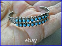 Old Native American Turquoise Snake-Eye Rows Sterling Silver Stamped Bracelet