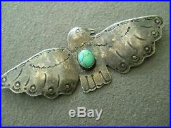 Old Native American Turquoise Stamped Sterling Silver Thunderbird Pin / Brooch