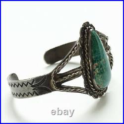 Old Navajo Fred Harvey Era Green Turquoise Sterling Cuff Bracelet with Stamping