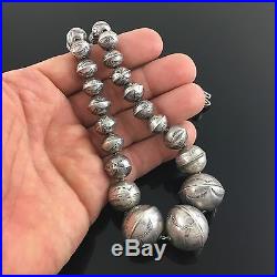 Old Navajo Hand Stamped Silver Graduated Pearl Bead Necklace 20