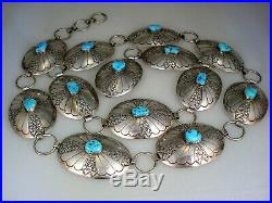 Old Navajo Stamped Sterling Silver & Kingman Turquoise Concho Link Belt