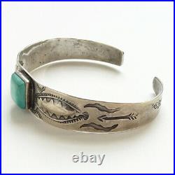 Old Navajo Turquoise Cuff Bracelet Stamp Decorated Sterling Silver Fred Harvey