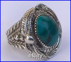 Old Pawn High Grade Turquoise STAMPED Sterling Silver Navajo Men's Ring Sz 11.25