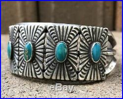 Old Pawn Ingot Navajo Stamped Sterling Silver Turquoise Concho Cuff Bracelet