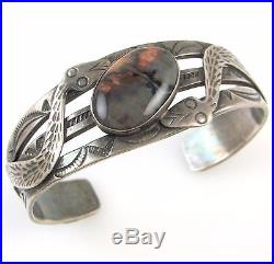 Old Pawn Navajo Hand Stamped Coin Silver Petrified Wood Snake Cuff Bracelet J