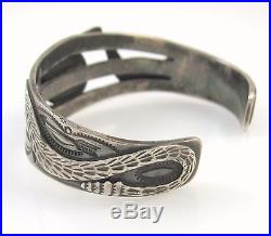 Old Pawn Navajo Hand Stamped Coin Silver Petrified Wood Snake Cuff Bracelet J