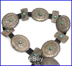Old Pawn Navajo Handmade Hand Stamped Sterling Silver Turquoise Concho Belt G