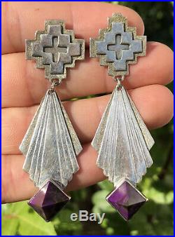 Old Pawn Navajo Purple SUGILITE Stamped Sterling Silver Cross Dangle Earrings