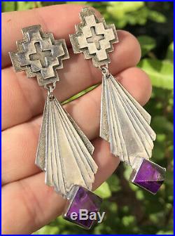 Old Pawn Navajo Purple SUGILITE Stamped Sterling Silver Cross Dangle Earrings