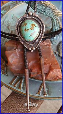 Old Pawn Navajo Signed Turquoise Double Snake Sterling Silver Stamped Bolo