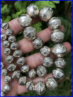 Old Pawn Navajo Stamped Sterling Silver Pearl Bench Beads Necklace 65.6g 25