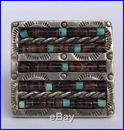Old Pawn Navajo Stamped Sterling Silver Turquoise & Olive Shell Heishi Bead Ring
