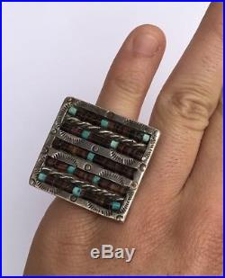 Old Pawn Navajo Stamped Sterling Silver Turquoise & Olive Shell Heishi Bead Ring