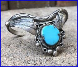 Old Pawn Navajo Sterling Silver Blue Kingman Turquoise Stamped Cuff Bracelet