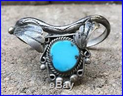 Old Pawn Navajo Sterling Silver Blue Kingman Turquoise Stamped Cuff Bracelet