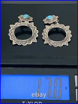 Old Pawn Navajo Sterling Silver Hand Stamped Turquoise Dangle Large Earrings