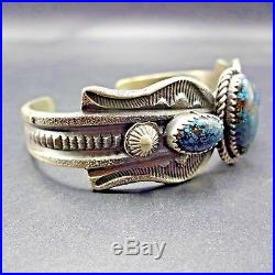 Old Style NAVAJO Hand-Stamped Sterling Silver SPIDERWEB TURQUOISE Cuff BRACELET