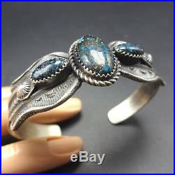 Old Style NAVAJO Hand-Stamped Sterling Silver SPIDERWEB TURQUOISE Cuff BRACELET