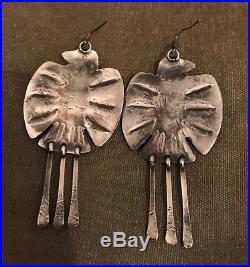 Old Style Navajo Stamped Sterling Thunderbird 3 L Drop Dangle Earrings Pierced
