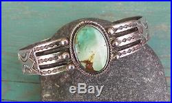 Old Vintage Fred Harvey Era Stamped Silver Green Turquoise Cuff Bracelet