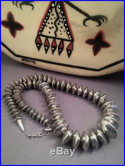 Old Vtg. Navajo Sterling Silver Graduated Hand Stamped Bench Pearl Bead Necklace