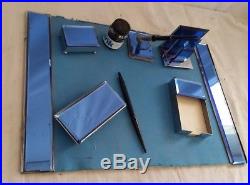 Original Cobalt Blue Art Deco Desk Set, Pad, Ink Blotter, Pen, Stamp Box, Letter Hold