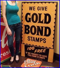 Original GOLD BOND STAMPS sign Embossed Tin. Great soda or oil gas shop girl