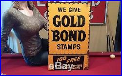 Original We Give Gold Bond Stamps Sign Double Sided 28x17 soda girl