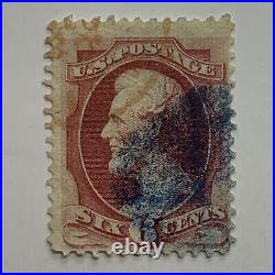 RARE 1800's U. S. 6C STAMP WITH INTERESTING ORANGE AND BLUE FANCY CANCELS