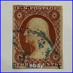 RARE 1855 U. S. 3c STAMP #11 TYPE I GEORGE WASHINGTON WITH BLUE CANCEL
