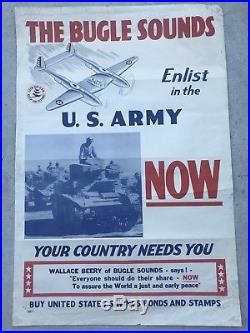 RARE! Original WWII Poster The Bugle Sounds Enlist In The Army War Bonds Stamps