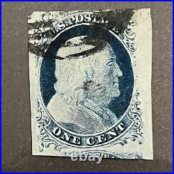 Rare 1852 U. S. 1c Stamp #9 F-vf 75 Graded With Paperwork