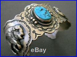 Running Bear Native American Turquoise Sterling Silver Stamped Buffalo Bracelet