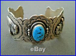 Running Bear Native American Turquoise Sterling Silver Stamped Buffalo Bracelet