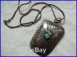 SALE NAVAJO Hand-Stamped Sterling Silver & TURQUOISE Concho PENDANT + 22 Chain
