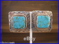 STATEMENT Vintage NAVAJO Hand Stamped Sterling Silver TURQUOISE Clip-On EARRINGS
