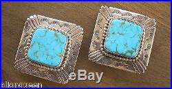 STATEMENT Vintage NAVAJO Hand Stamped Sterling Silver TURQUOISE Clip-On EARRINGS