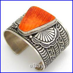 SUNSHINE REEVES Wide Navajo Stamped Sterling Spiny Oyster Shell Cuff Bracelet G