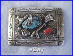Signed TSO Vintage NAVAJO Stamped Sterling Silver Turquoise & Coral BELT BUCKLE