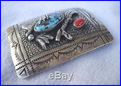 Signed TSO Vintage NAVAJO Stamped Sterling Silver Turquoise & Coral BELT BUCKLE