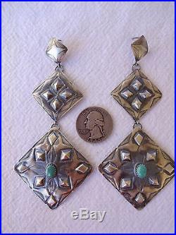 Signed Vintage NAVAJO Hand-Stamped Repoussé Sterling Silver & TURQUOISE EARRINGS