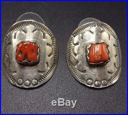 Signed Vintage NAVAJO Hand-Stamped Sterling Silver & CORAL Concho EARRINGS