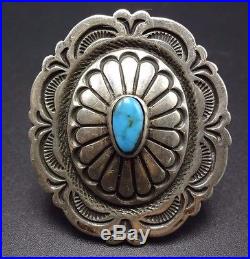 Signed Vintage NAVAJO Hand Stamped Sterling Silver Concho TURQUOISE RING, size 8