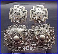 Signed Vintage NAVAJO Hand Stamped Sterling Silver EARRINGS Santa Fe Cross