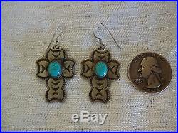 Signed Vintage NAVAJO Hand-Stamped Sterling Silver & Turquoise CROSS EARRINGS